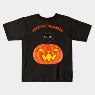 Happy Meowloween Funny Kitty & Pumpkin Halloween Design Kids T-Shirt